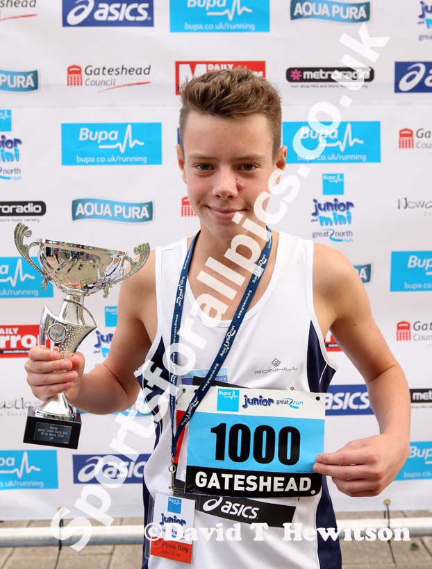Max Pearson (Tynedale) winner of the 13-14 years BUPA Junior Great Run with his charity number.